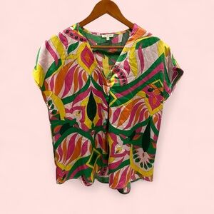 Silky tropical festival Palm Springs oversized cap sleeve blouse v-neck
